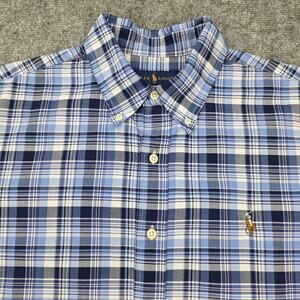 Ralph Lauren Shirt Mens XL Blue Plaid Short Sleeve Oxford Cloth Button Down